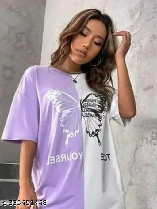 Women's stylish design new trend round neck half sleeve colorblock butterfly print oversized t-shirt