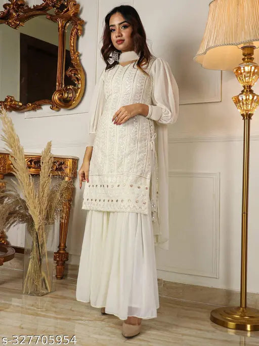 Georgette side-tie up embroidered kurta & sharara set with puffed sleeves and sequins embellishment, India origin