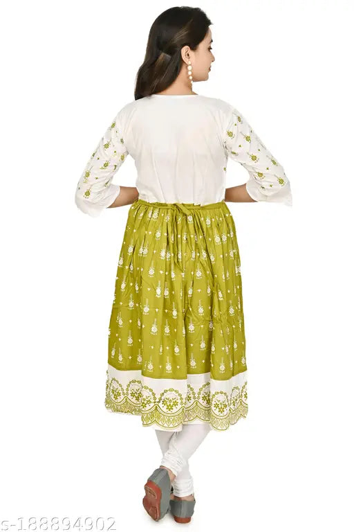 Rayon three-quarter sleeve printed girls kurti set, ideal for official and casual wear, calf length with sleeves as shown, premium quality fabric, made in India