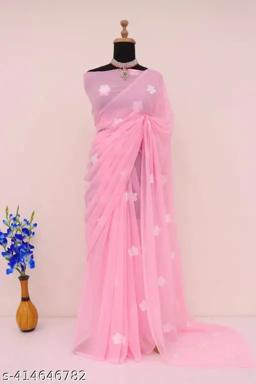 GeoGeo in pink with floral border draped over shoulder