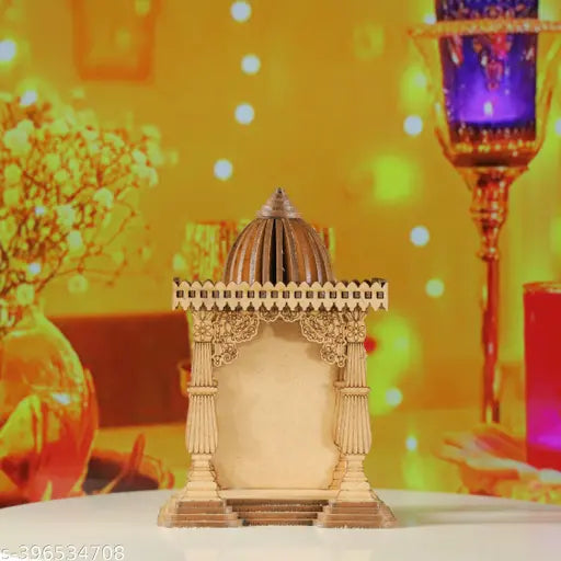 Hand-decorated wooden Jaipuri arts Laser Craft Collectible India Temple Idol for car, home, or office decor, featuring Lord Ambe Maa. Approximate dimensions: 7.5 CM (L) x 10.5 CM (H)
