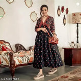 Rayon three-quarter sleeve printed Anarkali kurti, trendy ethnic wear for women's festive party wear