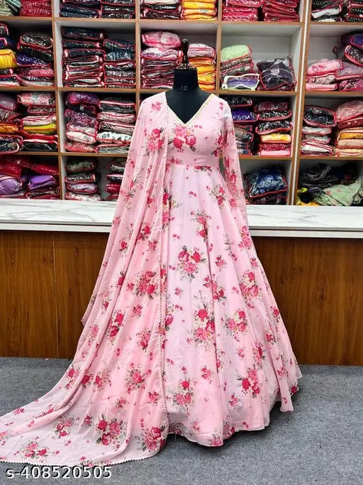 Silkonic floral printed organza kurti & dupatta set, long-sleeved Indian fashion on mannequin