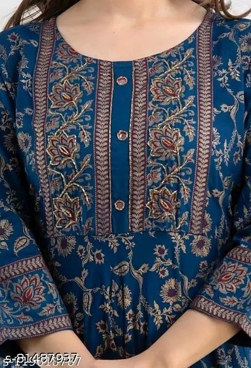 Blue floral print maxi gown with frill sleeves, round neck, and buttons.