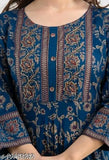 Blue floral print maxi gown with frill sleeves, round neck, and buttons.