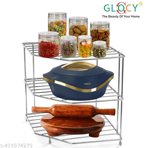 Diamond Corner Shelf, 3-Tier, Silver Metal