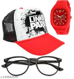 Trendy red Linkin Park cap combo with polarized clear lens selfie sunglasses, square dial silicone strap analog watch gift pack set for men and boys. Cotton canvas, diamond-studded butterfly watch + bracelet for fashionable accessory