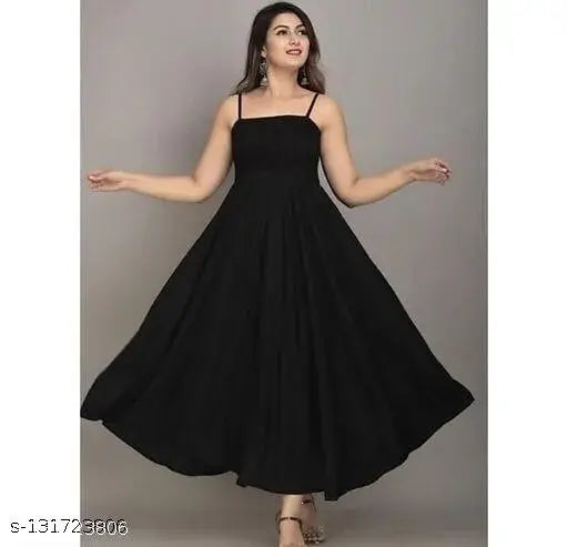 Black satin floor-length ballroom dress with fitted top and full skirt