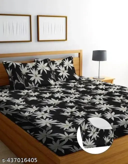 Attractive double cotton bedsheet with botanical print, fits 8" mattress & includes 2 pillow covers - Vidhya Decor