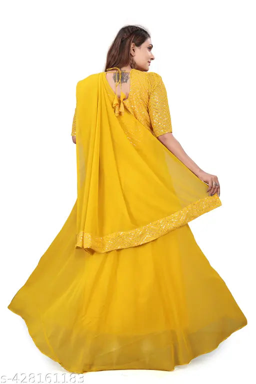 Yellow Georgette Anarkali dress with embroidery, full sleeves, S-XXXXL sizes, made in India
