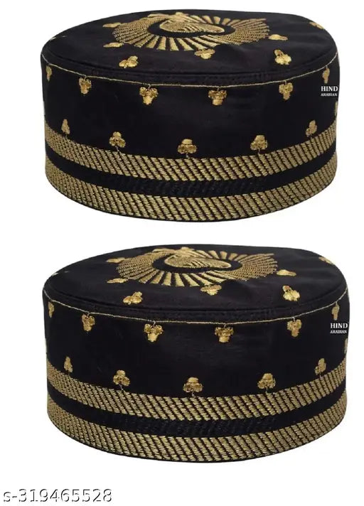 Golden black cotton prayer cap (pack of 2), embroidered Islamic caps on display