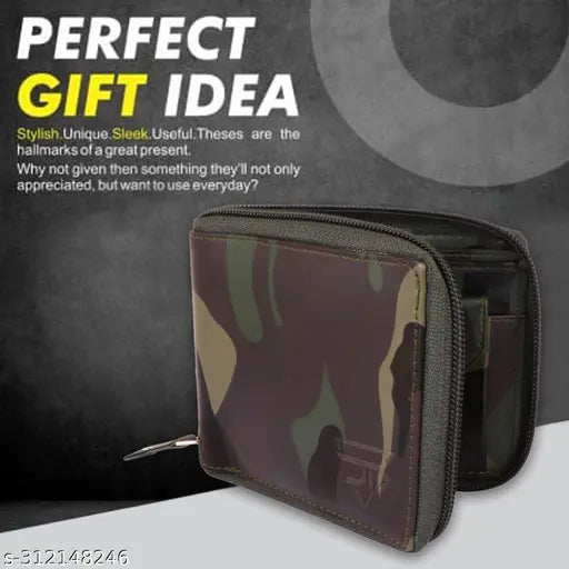 Men's casual trendy army faux leather zipper wallet, RFID blocking for secure storage, sleek design fits 12-14 cards and 20 bills
