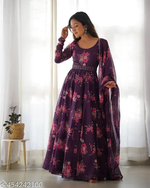 Printed Georgette Wine Gown with Dupatta belt, three-quarter sleeves, Indian handcrafted fashion for women, size S-XXL