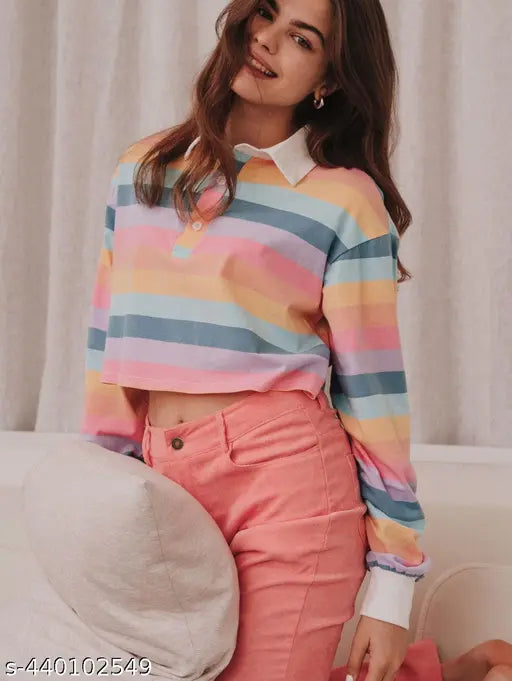 Light rainbow colorblocked Lycra t-shirt, full sleeves for women, vibrant & stylish crop top