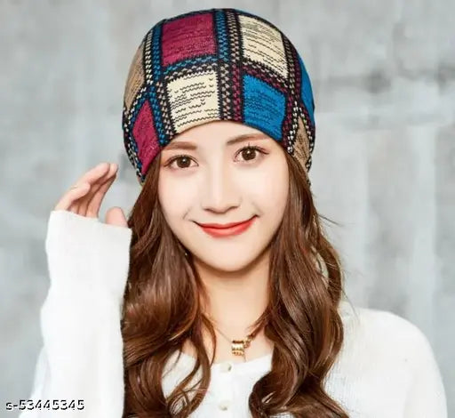 A multi-colored check skull beanie, a winter cap with bandanas for a fashionable accessory for women and girls