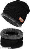 Black knit winter beanie cap with faux fur trim and logo tag