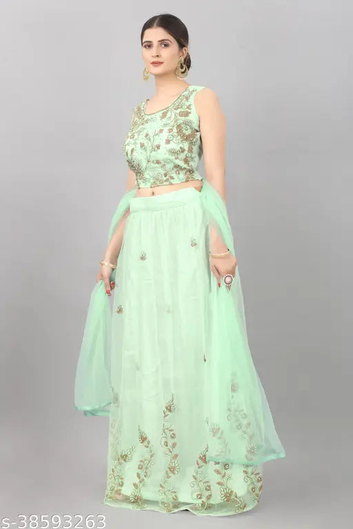 Attractive light green embroidered net lehenga set with choli and dupatta, semi-stitched (waist size: 41in, length: 42in, dupatta length: 2.2in), Indian origin