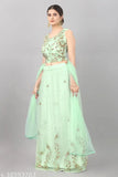 Attractive light green embroidered net lehenga set with choli and dupatta, semi-stitched (waist size: 41in, length: 42in, dupatta length: 2.2in), Indian origin
