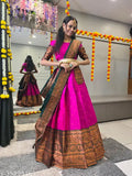 Art Silk South Indian Style Half Saree with Choli and Dupatta, featuring Litchi Silk zari work and woven designs. Semi-stitched Lehenga (42 in), unstitched blouse, and 2.4 in Dupatta with tussles and belt included. Indian origin, ready to ship
