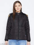 Black women's polyester parka jacket, full-sleeve, solid design, high-quality quilting, detachable faux fur hood, 3 pockets