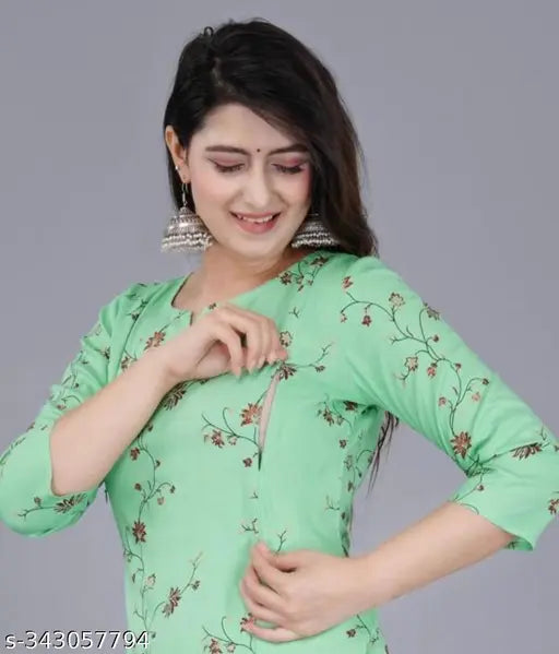 Rayon printed maternity kurta with three-quarter sleeves, trendy feeding zip design. Women's fashionable Indian maternity wear." (124 characters)