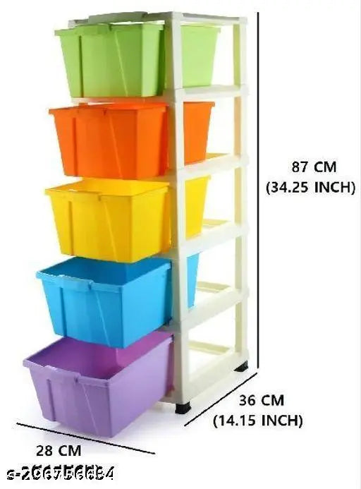 The image displays a multi-drawer organizer system with five drawers in different colors including blue, green, yellow, and red. Each drawer has a handle for easy opening. There is text indicating that it can hold up to 36 items. The dimensions of the organizer are noted as 81 cm (height) x 51 cm (width) x 42 cm (depth)