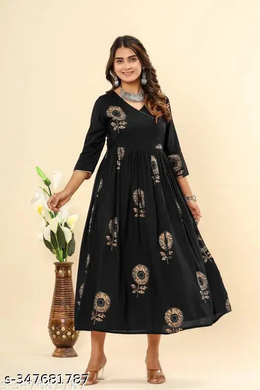 Black women's floral print viscose rayon Angrakha kurta with three-quarter sleeves, printed combo on Indian fabric