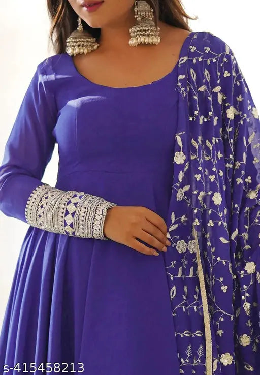 Solid Georgette Anarkali Gown, Indian embroidery on long sleeves dress, 54-inch length