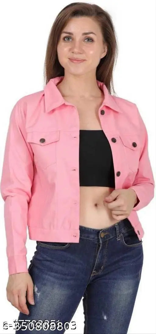 Blue denim jacket for girls and women, solid color design, long sleeves, size options include S-XL, made in India