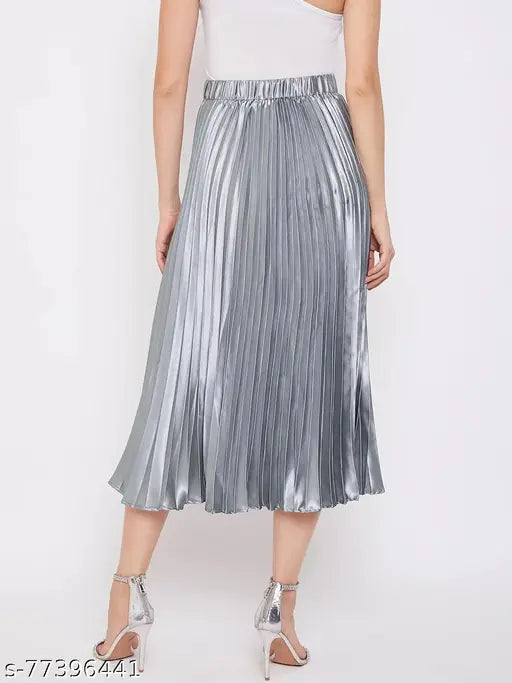 Women's & Girls Elastic Waist Party Metallic Shiny Accordion Pleated Midi Skirt - Western Floral, solid satin fabric, full length, polyester lining, elastic waist, flared hemline