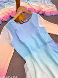 Georgette, pastel ombré gradient, embroidered net evening gown with long sleeves and dupatta, India