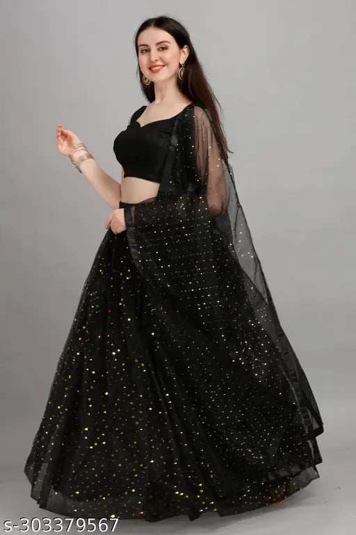 Embellished art silk lehenga set with net dupatta and blouse, semi-stitched in tilki work, Indian bridal wear (42 inch waist, 2.40m flair)