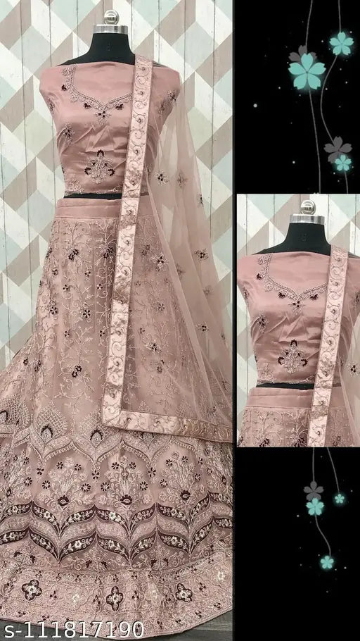 Popular purple embroidered net lehenga choli with 2.5m dupatta and semi-stitched blouse, free size. Indian designer ethnic wear for parties, weddings, festivals, or casual occasions