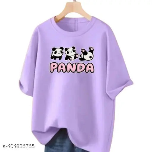 Purple, oversized t-shirt with panda print on it