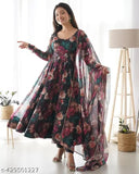 Black Georgette Printed Women's Gown, long sleeves, vibrant floral pattern, size options: S-XXXL