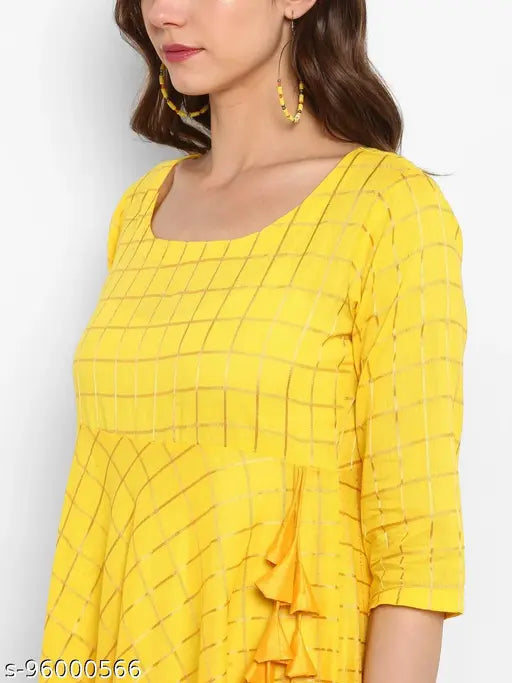 Yellow cotton latkan anarkali kurta with ruffled hem