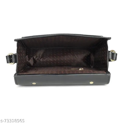 Black purse with a flap closure, featuring multiple compartments and pockets