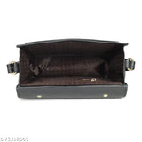 Black purse with a flap closure, featuring multiple compartments and pockets