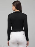 Ribbed cotton blend t-shirt with solid collar, long sleeves, ideal for rainy and winter wear