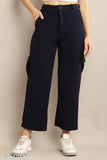 The image displays a person wearing black cargo pants. They have a high waist and appear to have two pockets on each side. The material looks sturdy, likely made from a durable fabric, suitable for casual or outdoor wear