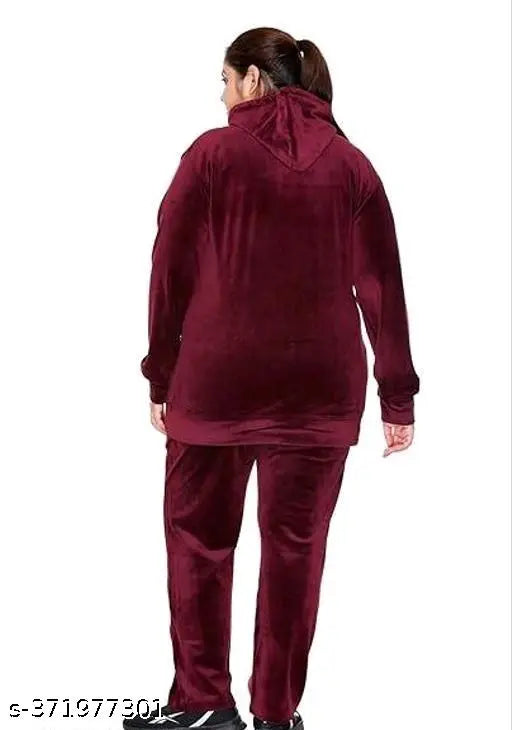 Maroon velvet Huddy Zipper Night Suit Winterwear, comfortable winter pyjamas for women