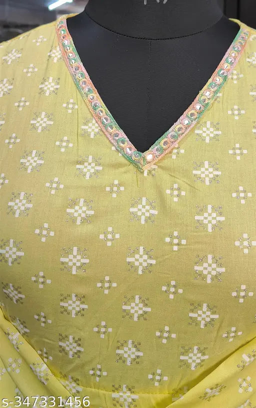 Yellow printed silk V neck kurta with embroidery