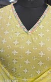 Yellow printed silk V neck kurta with embroidery