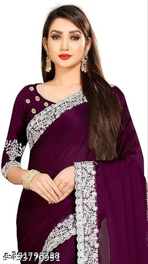 Purple georgette saree, unstitched embroidery work, peach blouse