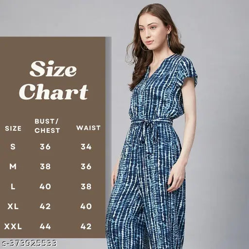 Women's blue striped rayon jumpsuit with tie-up knot, short sleeves, side pockets