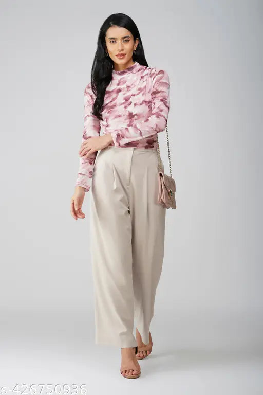 Green and beige printed mesh top, long sleeves, super net fabric for women's fashion