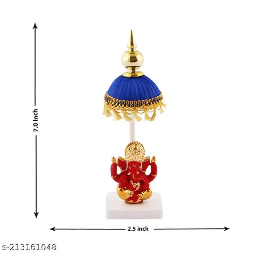 Marble Ganesh idol, handcrafted with blue chhatri and yellow chhalar. Decorative Indian Ganesha statue, 2.5x1x7 inches