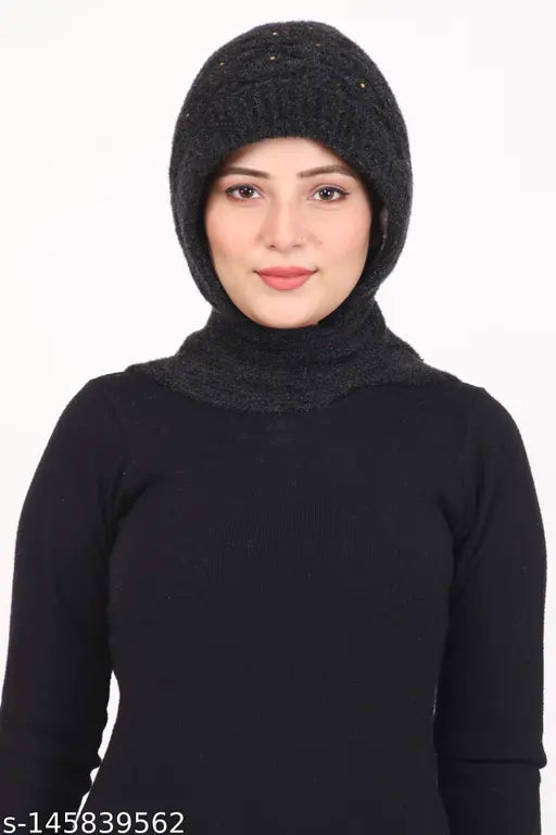 Black textured wool beanie with fur muffler, luxury women's winter accessory from India