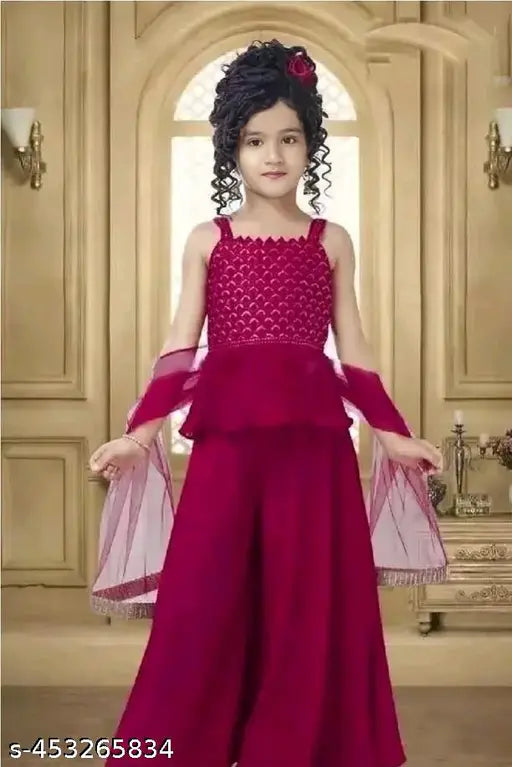 Embellished Georgette kurtis for girls aged 3-9, Indian traditional attire with shoulder straps and net pattern