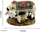 Handcrafted marble-dust polyresin Kamdhenu statue: 10cm x 12cm x 11cm, Indian artisanal cow & calf decor